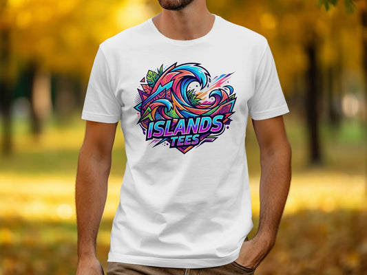 White t-shirt with a colorful wave and "ISLANDS TEES" logo graphic.