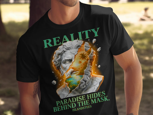 Black t-shirt with a cracked marble bust revealing a tropical paradise scene.