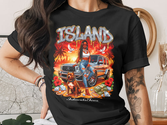 Black t-shirt with "ISLAND" text, woman, dog, and car graphic.