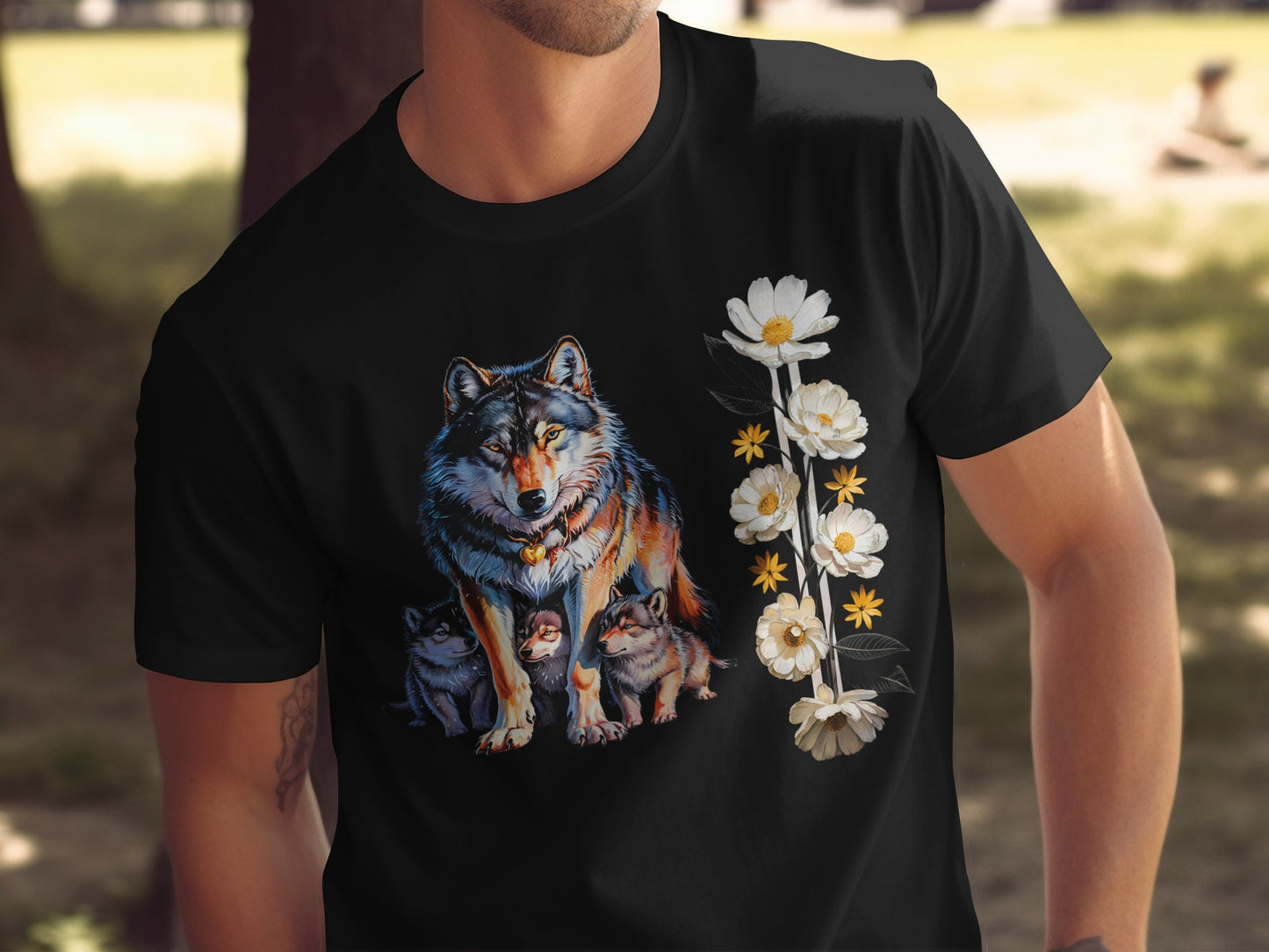 Wolf Family and Flowers Graphic Design T-shirt