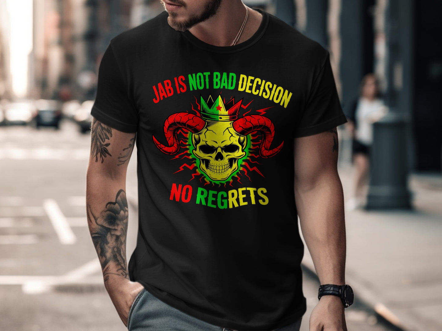 Black t-shirt with skull, crown, and text "JAB IS NOT BAD DECISION NO REGRETS".