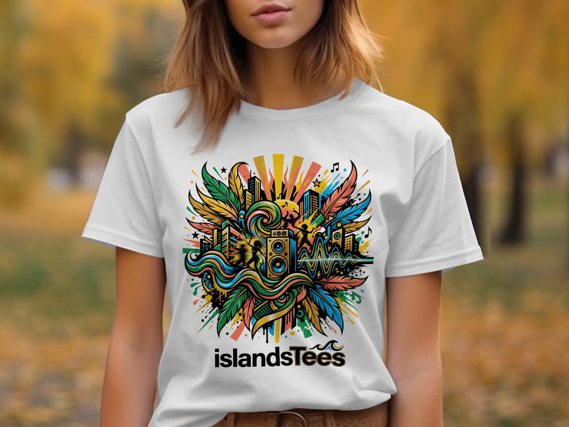 White t-shirt with colorful abstract urban art and "islandsTees" text.