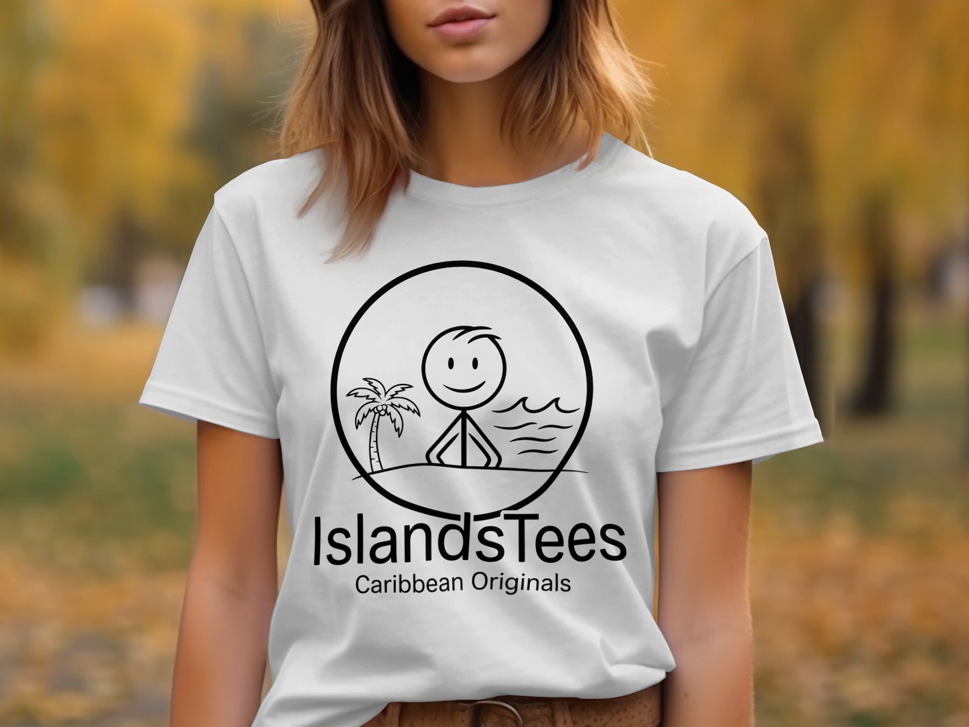 White t-shirt with black circular logo depicting a stick figure, palm tree, and ocean waves.