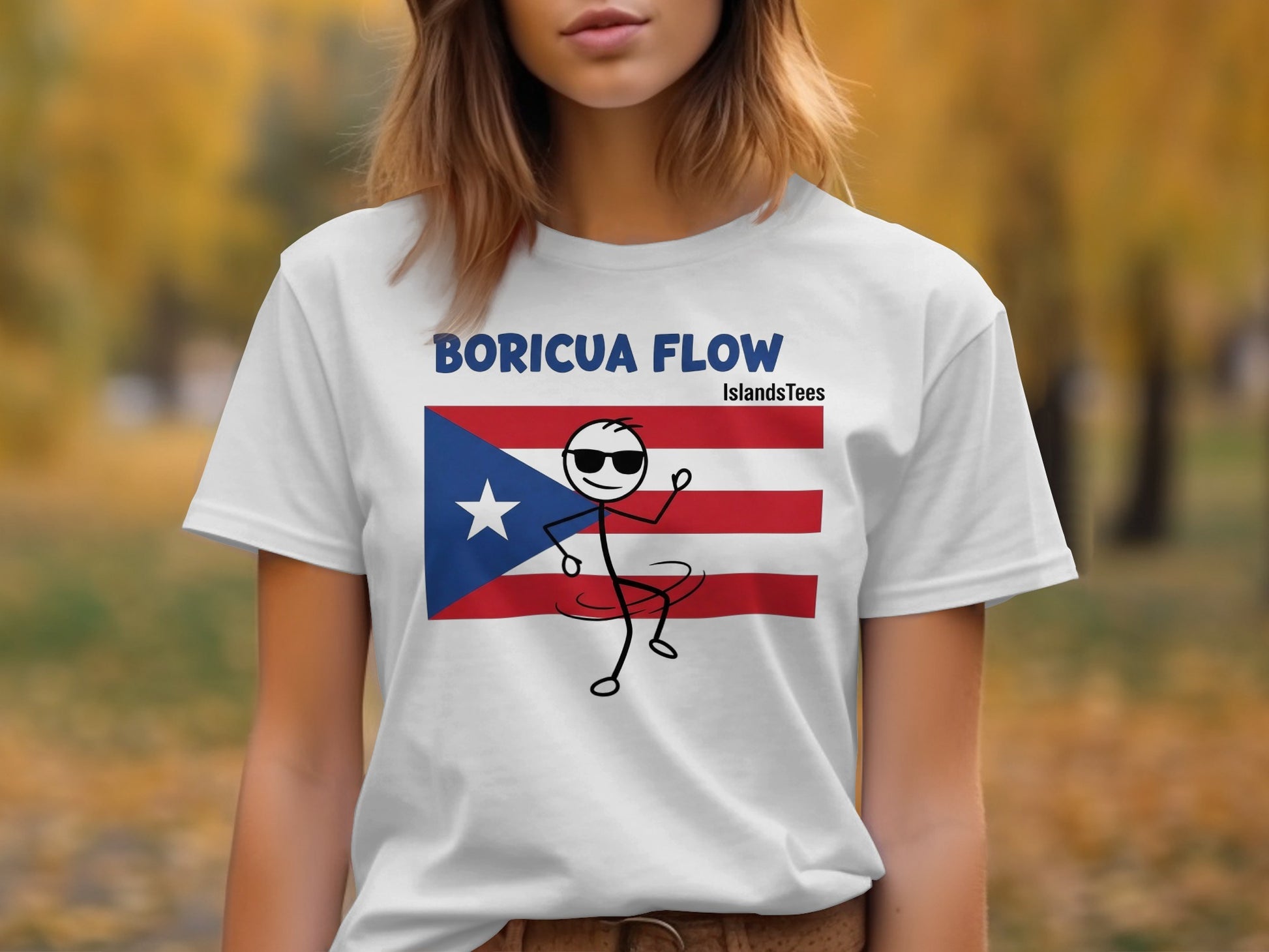 White t-shirt with Puerto Rican flag and stick figure dancing.
