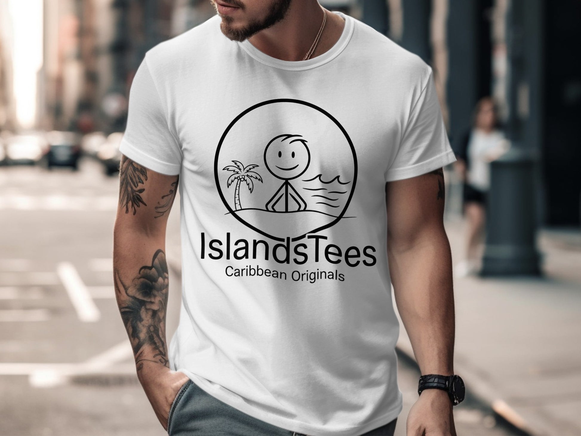 White t-shirt with "IslandsTees Caribbean Originals" logo and stick figure at a beach.