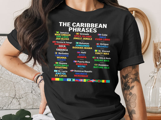 T-shirt featuring Caribbean phrases and island names in colorful text.