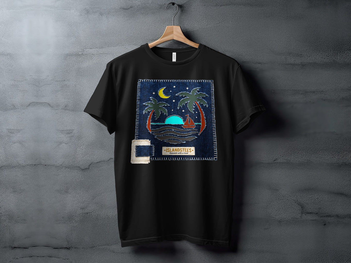 Black t-shirt with a denim patch graphic of palm trees at sunset.
