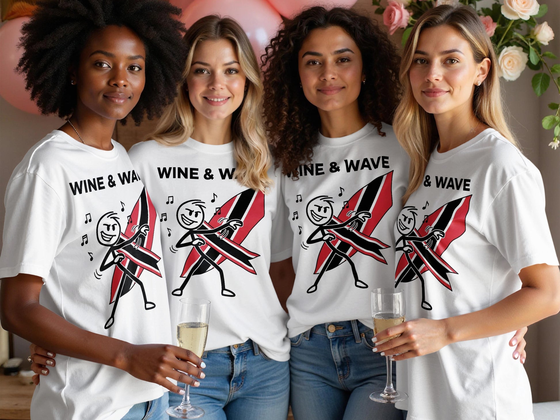 Four women wearing matching t-shirts with musical notes and text.