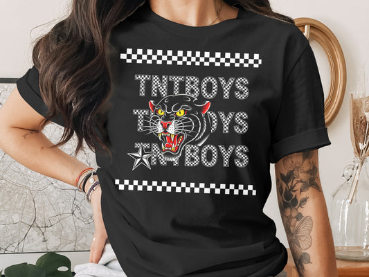 Black t-shirt with TNT BOYS text and a snarling panther head graphic.