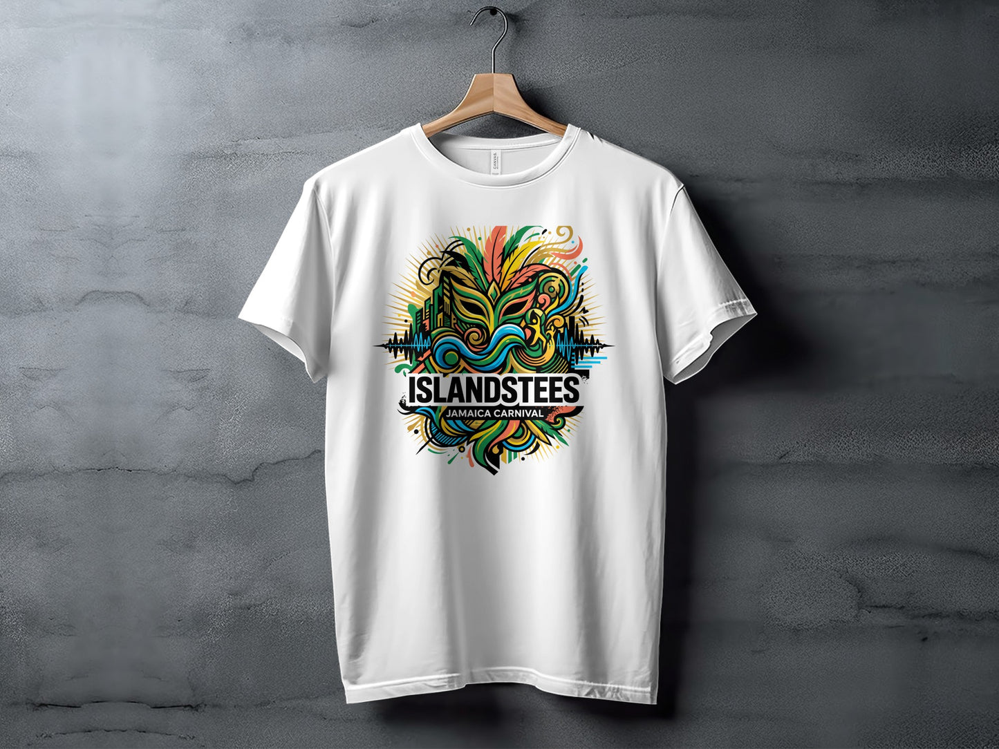White t-shirt featuring "Islandstees Jamaica Carnival" graphic with colorful abstract elements.