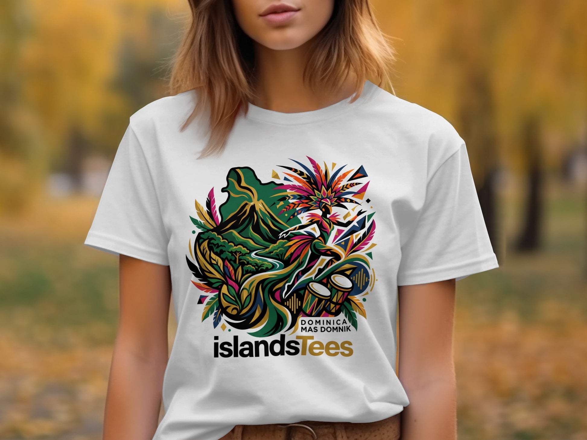 White t-shirt with colorful Dominica design featuring dancers and drums.