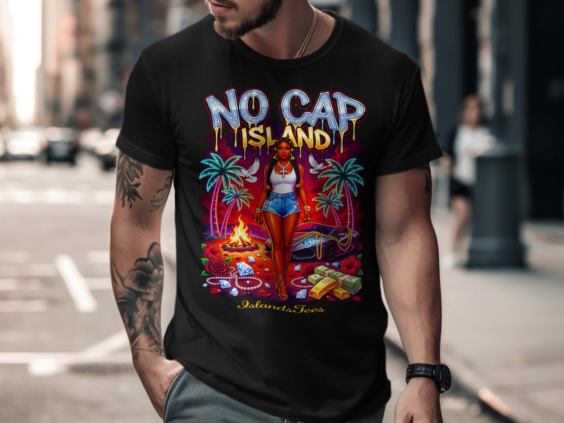Black t-shirt with "No Cap Island" graphic, featuring a woman, car, and jewelry.