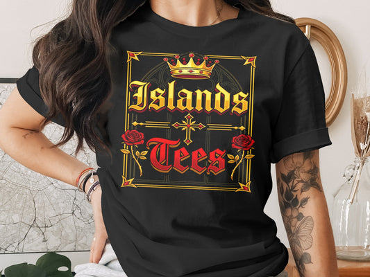 Black t-shirt with gold text "Islands Tees" and crown graphic.