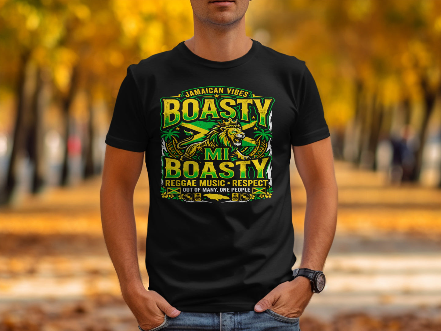 Black t-shirt with "Boasty Mi Boasty" text, lion, and Jamaican flag.