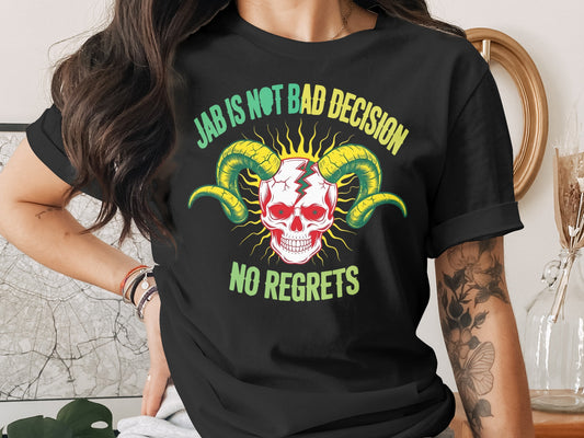 Black t-shirt with red and yellow skull, horns, and "JAB IS NOT BAD DECISION NO REGRETS" text.