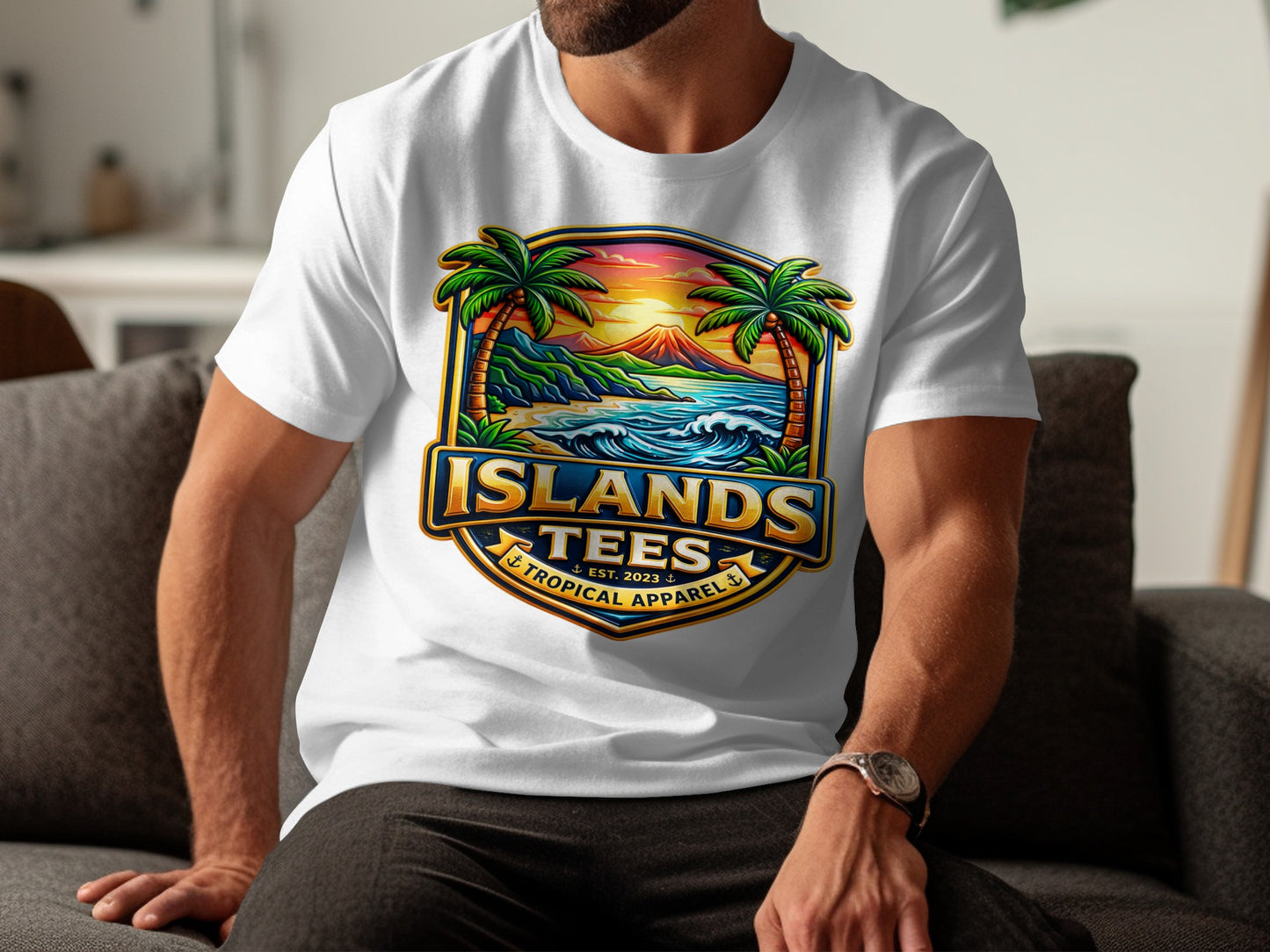 White t-shirt with "Islands Tropical Apparel" crest featuring palm trees, volcano, and ocean.