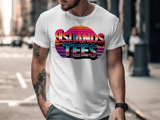 White t-shirt with "ISLANDS TEES" logo in colorful retro font.