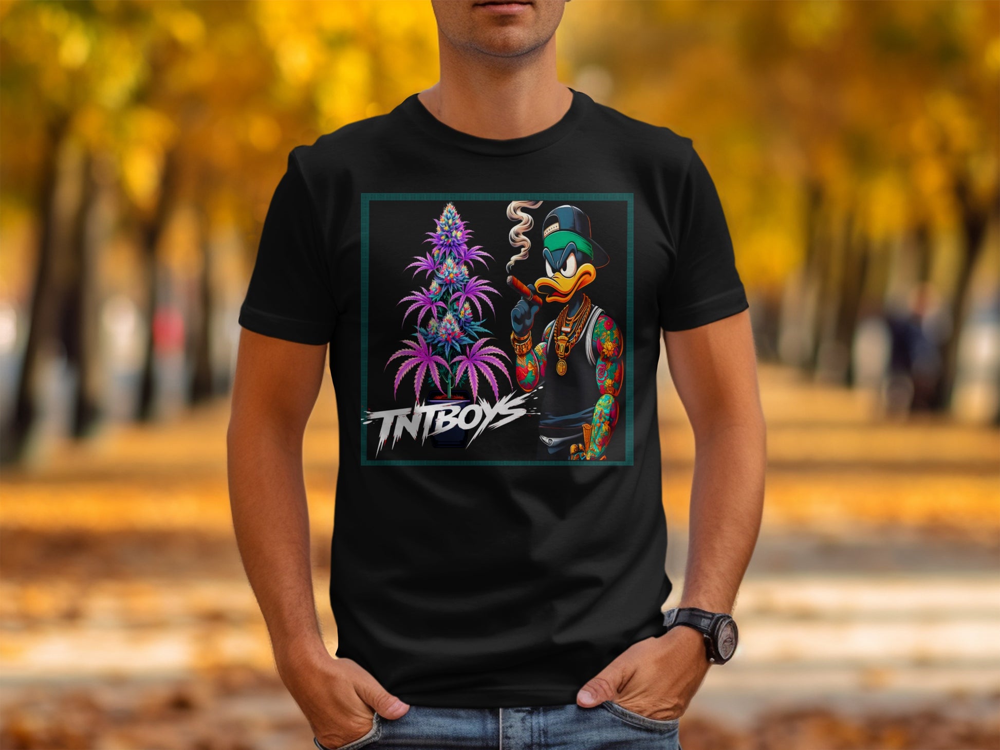 Black t-shirt featuring a cartoon duck smoking and holding a marijuana plant.