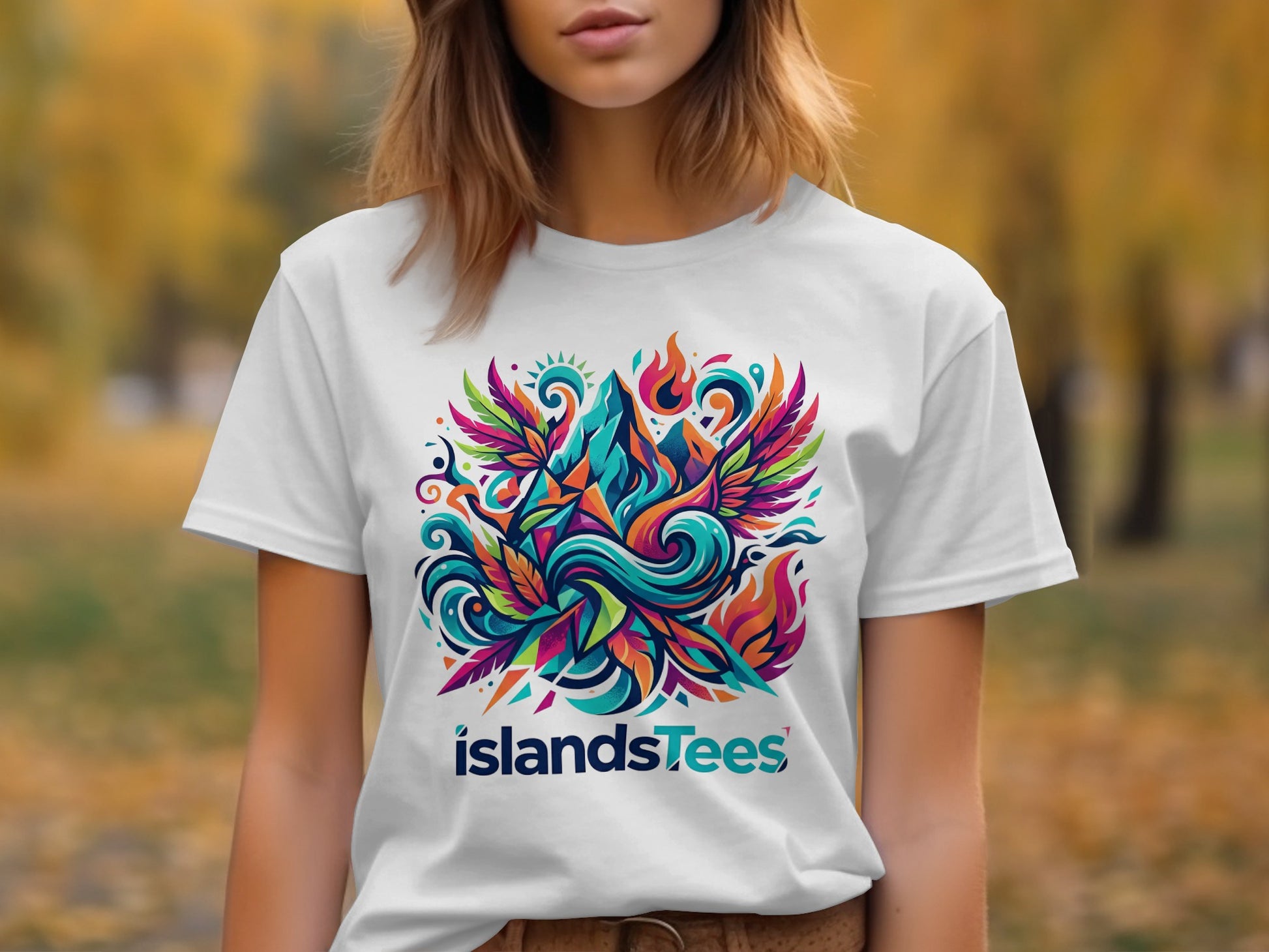 White t-shirt with colorful abstract mountain and flame graphic, "islandsTees" text.
