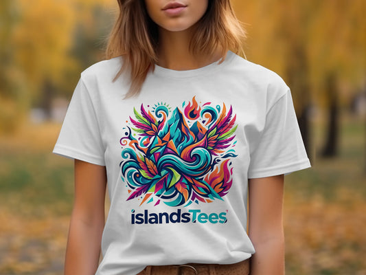 White t-shirt with colorful abstract mountain and flame graphic, "islandsTees" text.