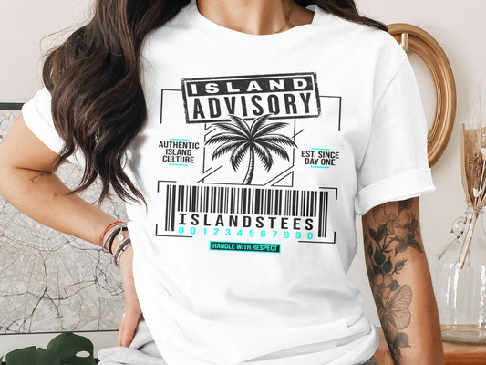 White t-shirt with "Island Advisory" text, palm tree, barcode, and "Handle With Respect."