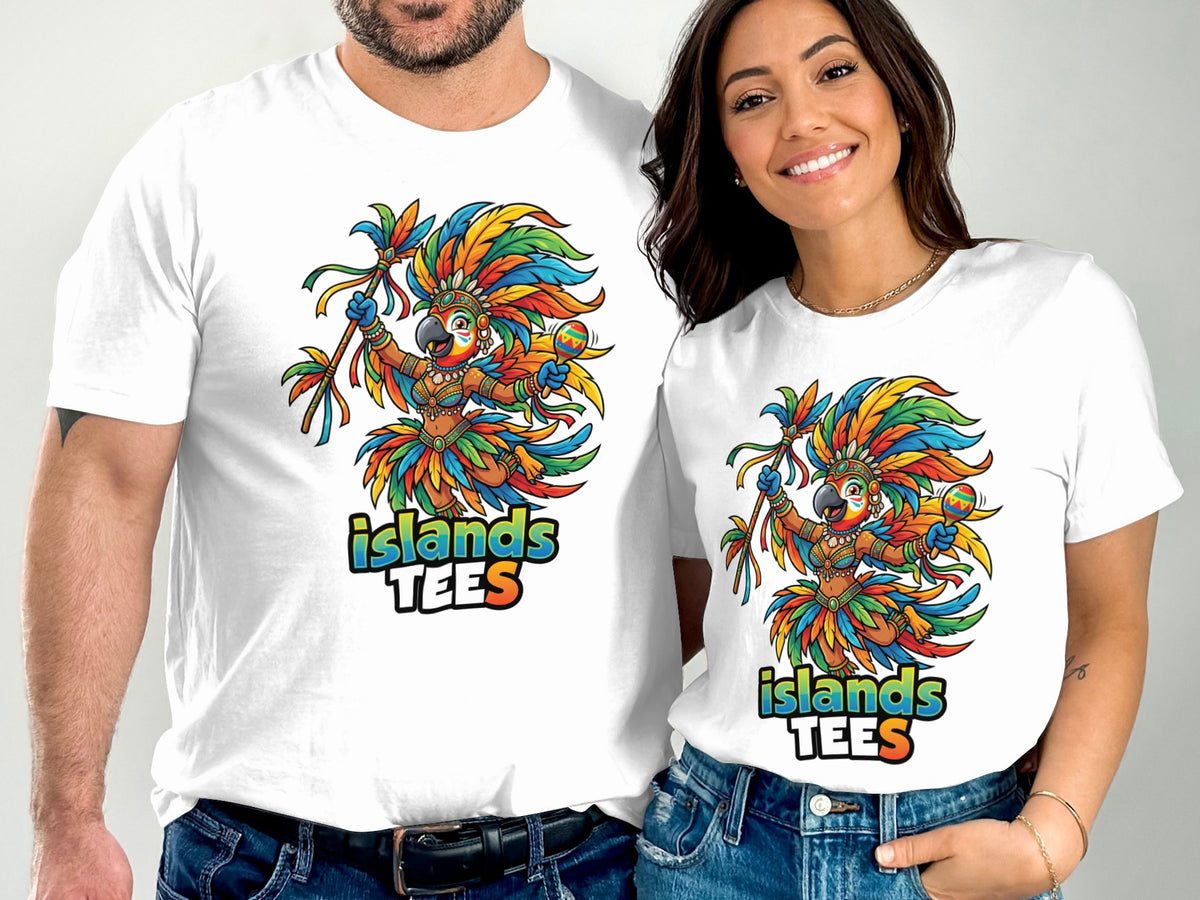 Two people wear white t-shirts with matching colorful parrot graphics and "Islands TEES" text.