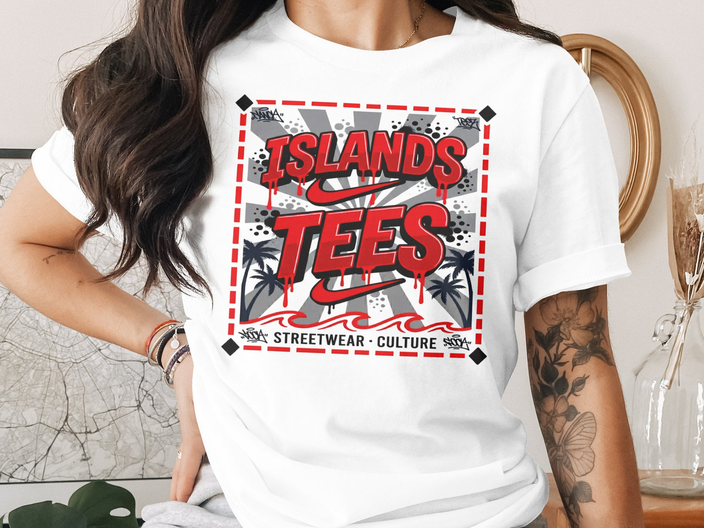 White t-shirt with "ISLANDS TEES" streetwear culture graphic.