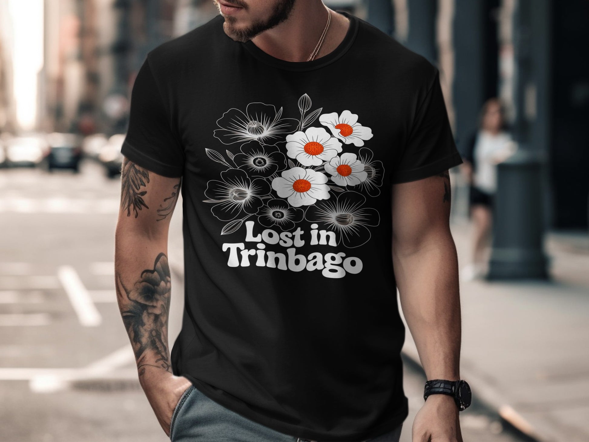 Lost in Trinbago Floral Design Graphic T-Shirt