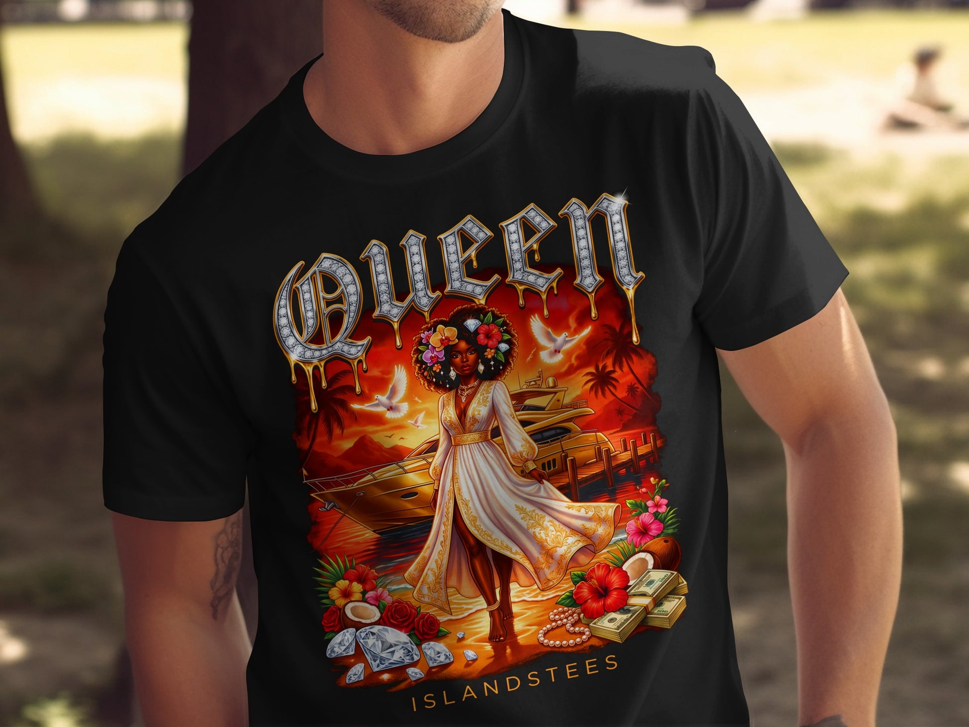 Black t-shirt with Queen graphic featuring a woman, yacht, palm trees, and money.