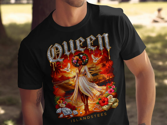Black t-shirt with Queen graphic featuring a woman, yacht, palm trees, and money.