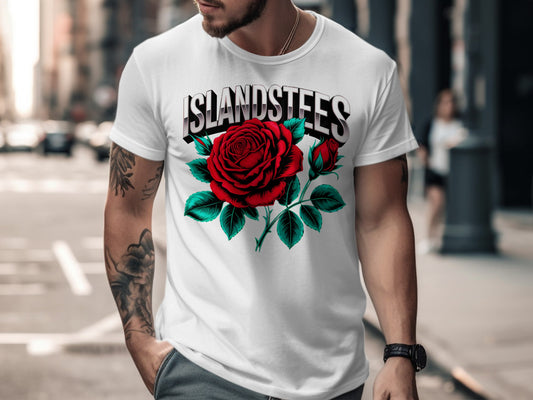 White t-shirt with a large red rose graphic and "ISLANDSTFES" text.