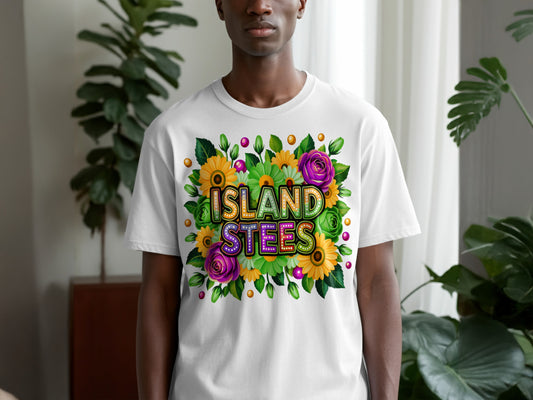 White t-shirt with colorful floral text design reading "Island Stees".