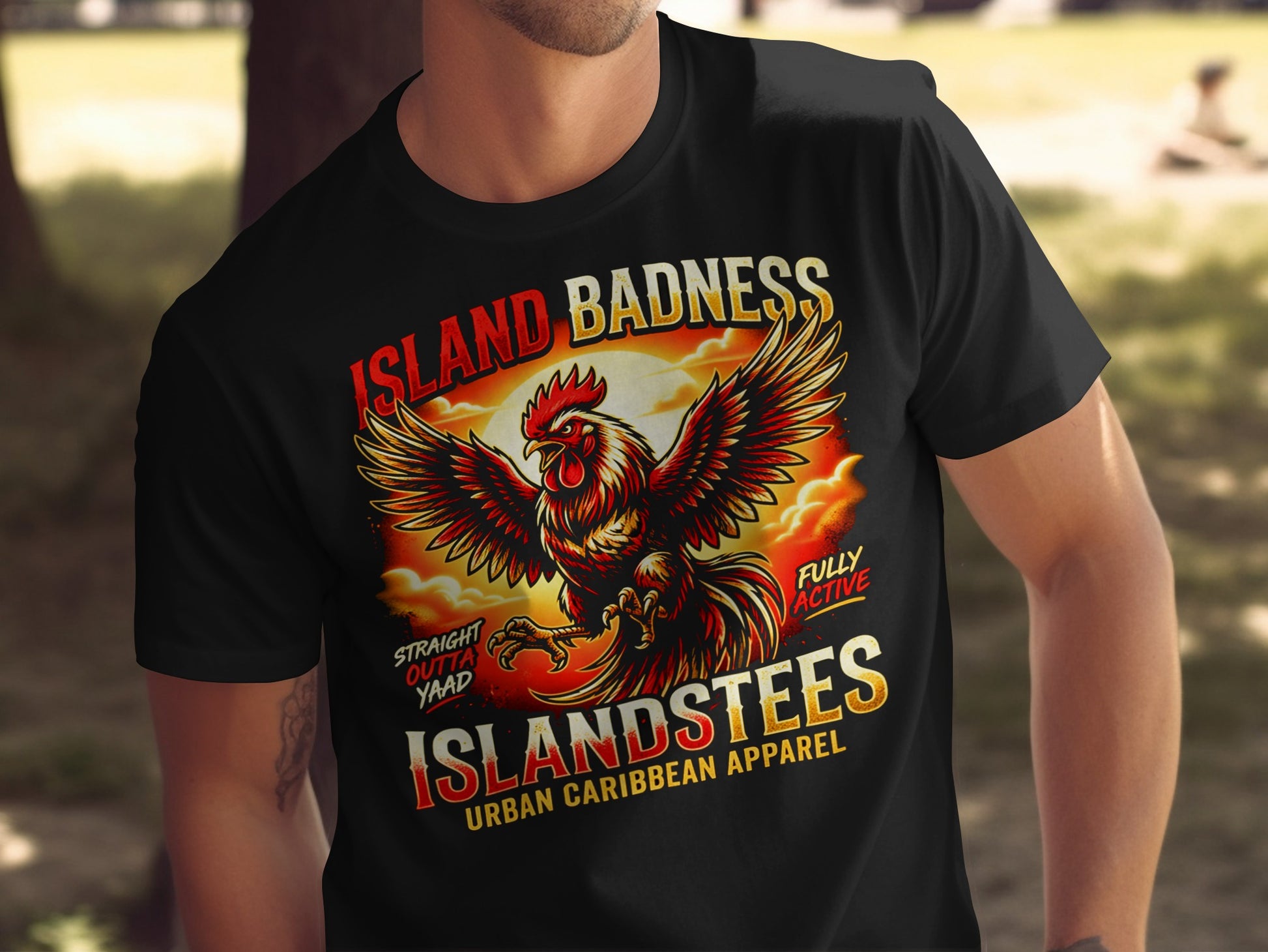 Black t-shirt with a rooster graphic and "Island Badness" text.