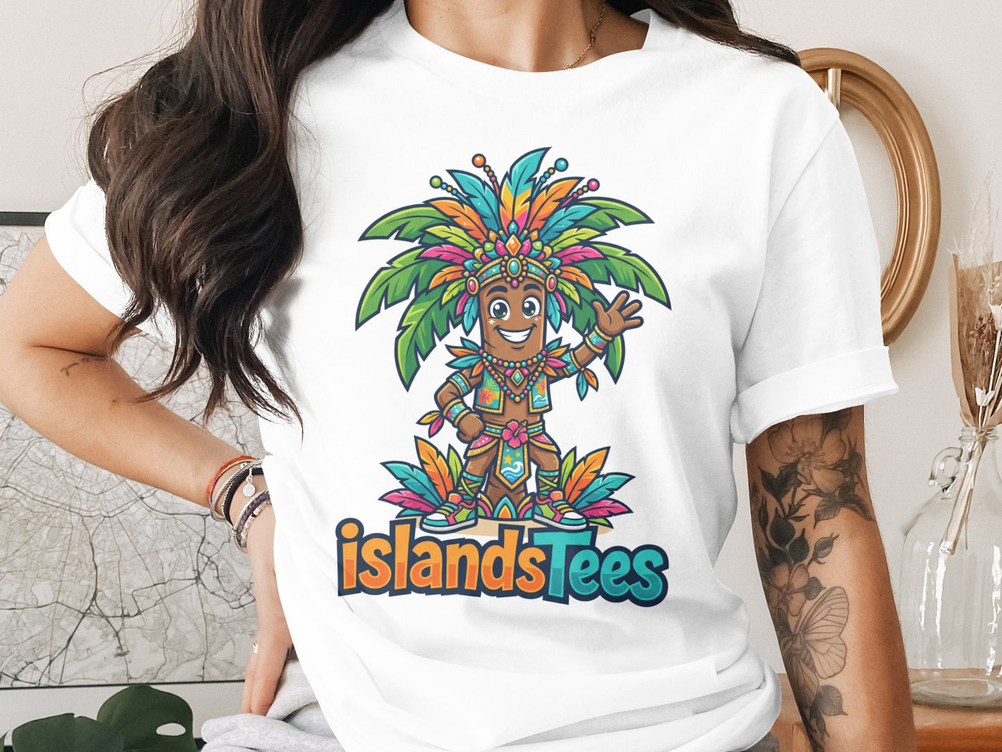 Cartoon character in colorful headdress on IslandsTees t-shirt.