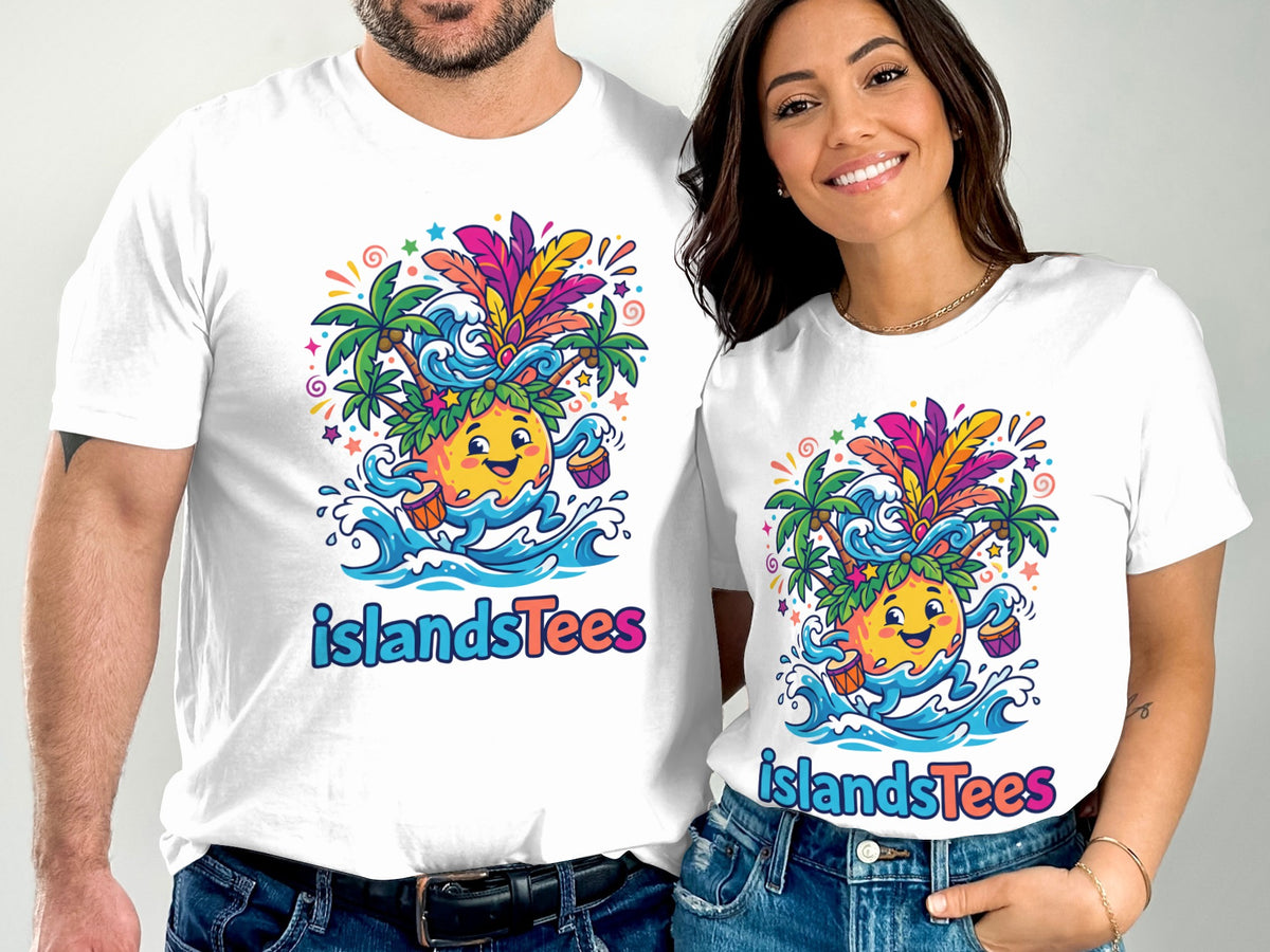 Two people wearing white t-shirts with a cartoon pineapple character in tropical attire.