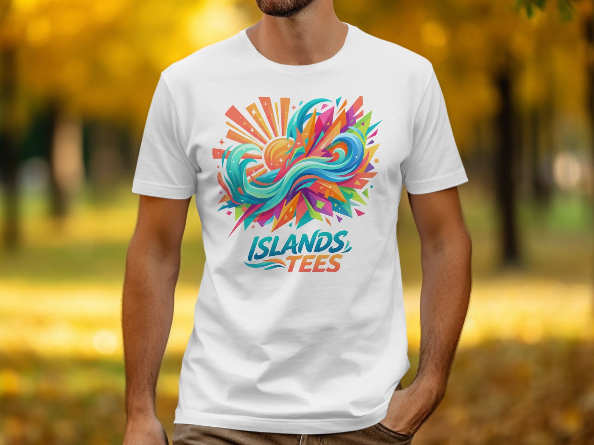 White t-shirt with colorful abstract sunburst and "ISLANDS TEES" text.