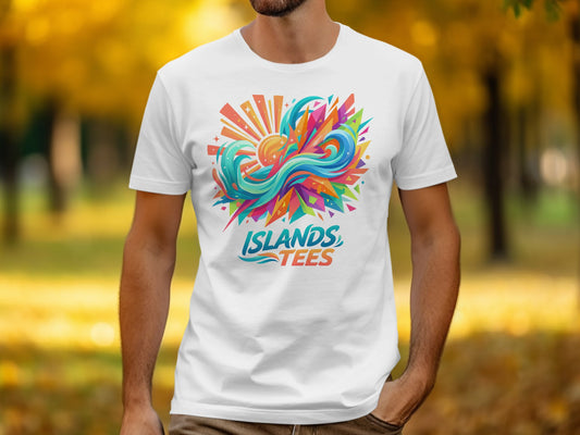 White t-shirt with colorful abstract sunburst and "ISLANDS TEES" text.