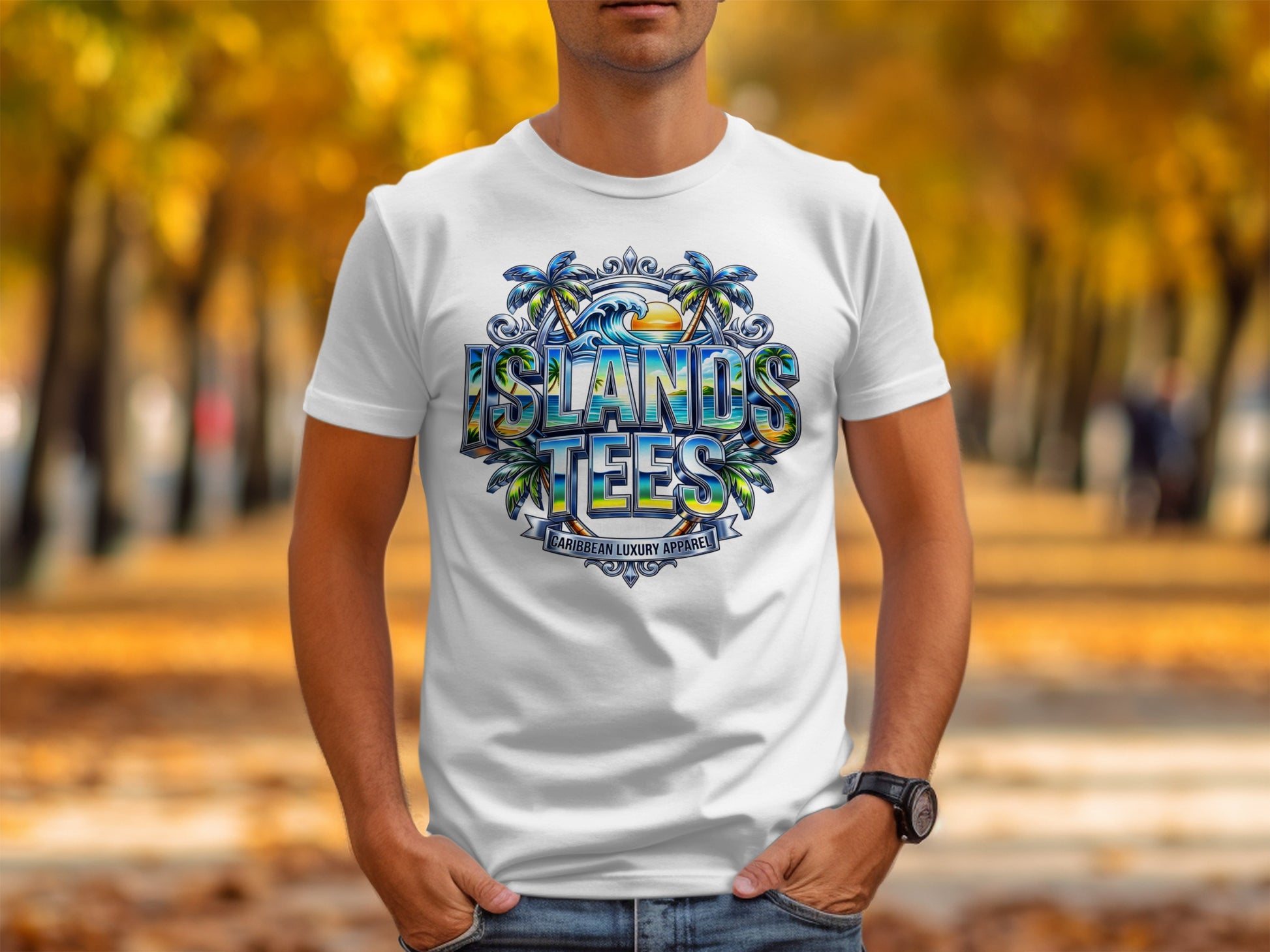 White t-shirt with "Islands Caribbean Luxury Apparel" text and palm trees.