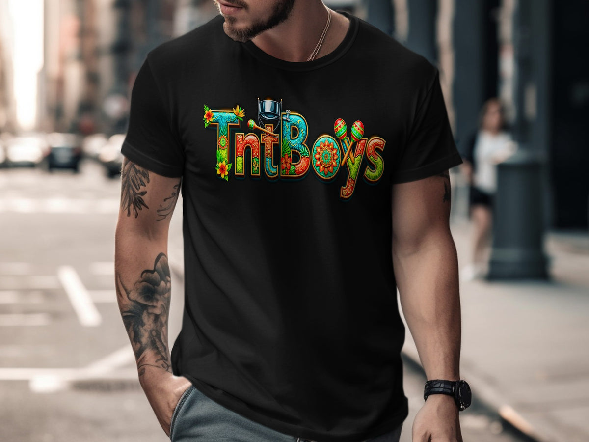 Black t-shirt with colorful "TNT Boys" logo featuring floral patterns and a top hat.