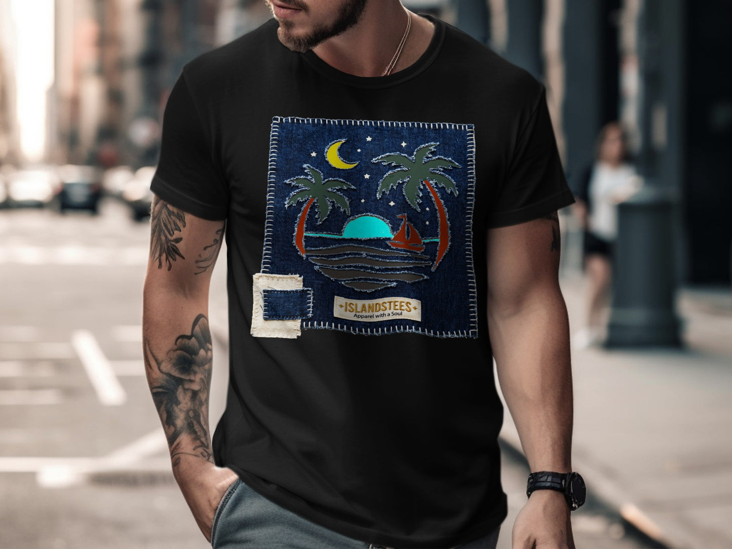 Black t-shirt with a palm tree sunset graphic patch.