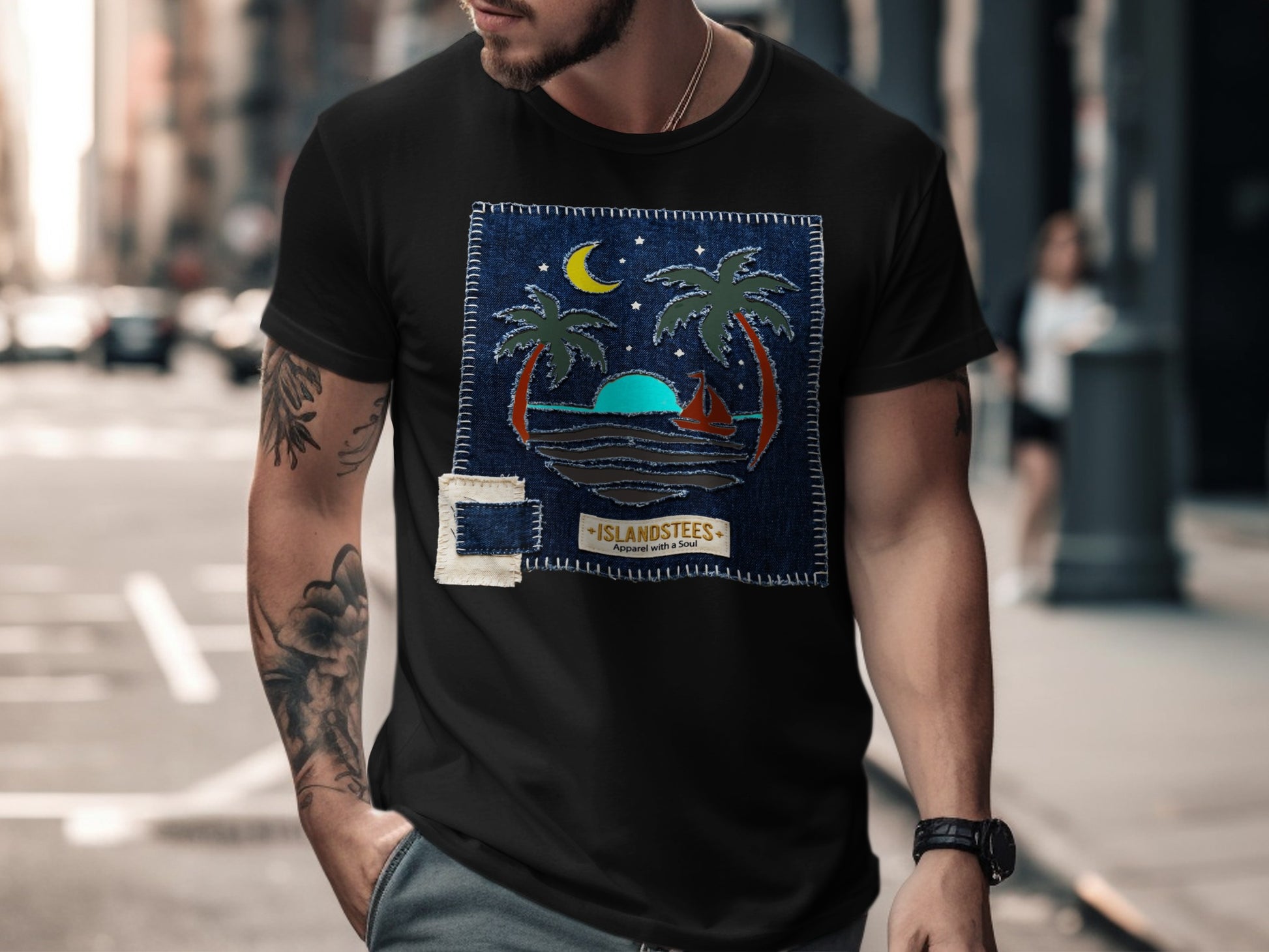 Black t-shirt with a palm tree sunset graphic patch.