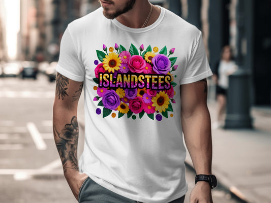 White t-shirt with colorful floral design and "ISLANDSTEES" text.