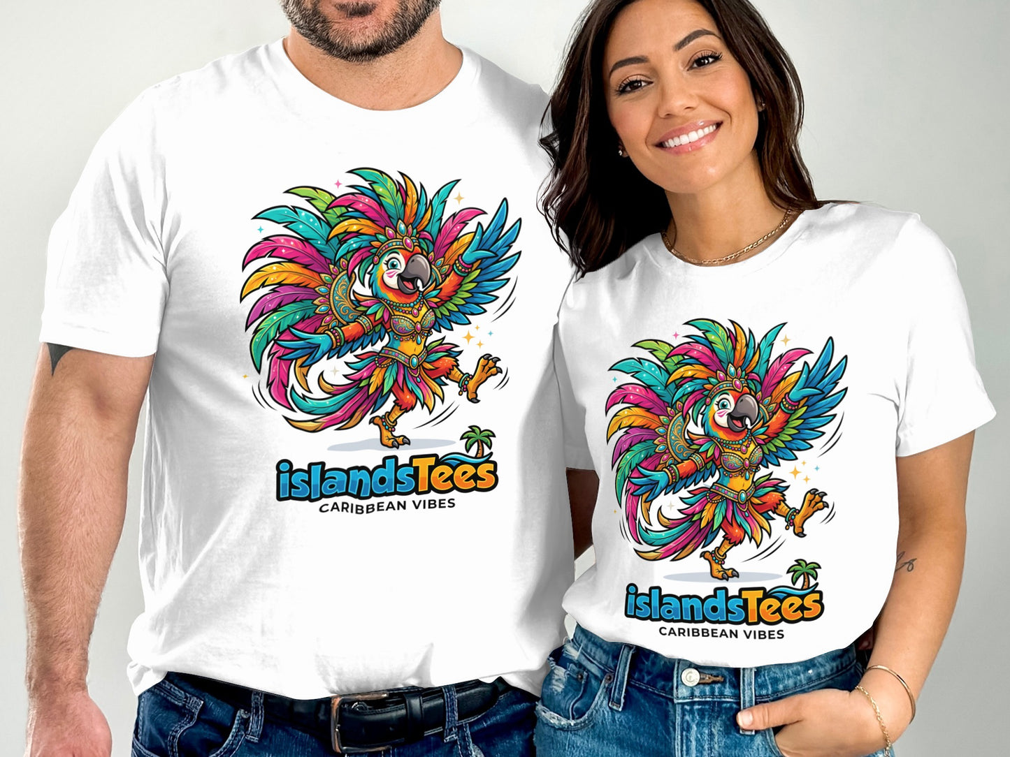 Two people wearing white t-shirts with vibrant parrot cartoon graphic and text.