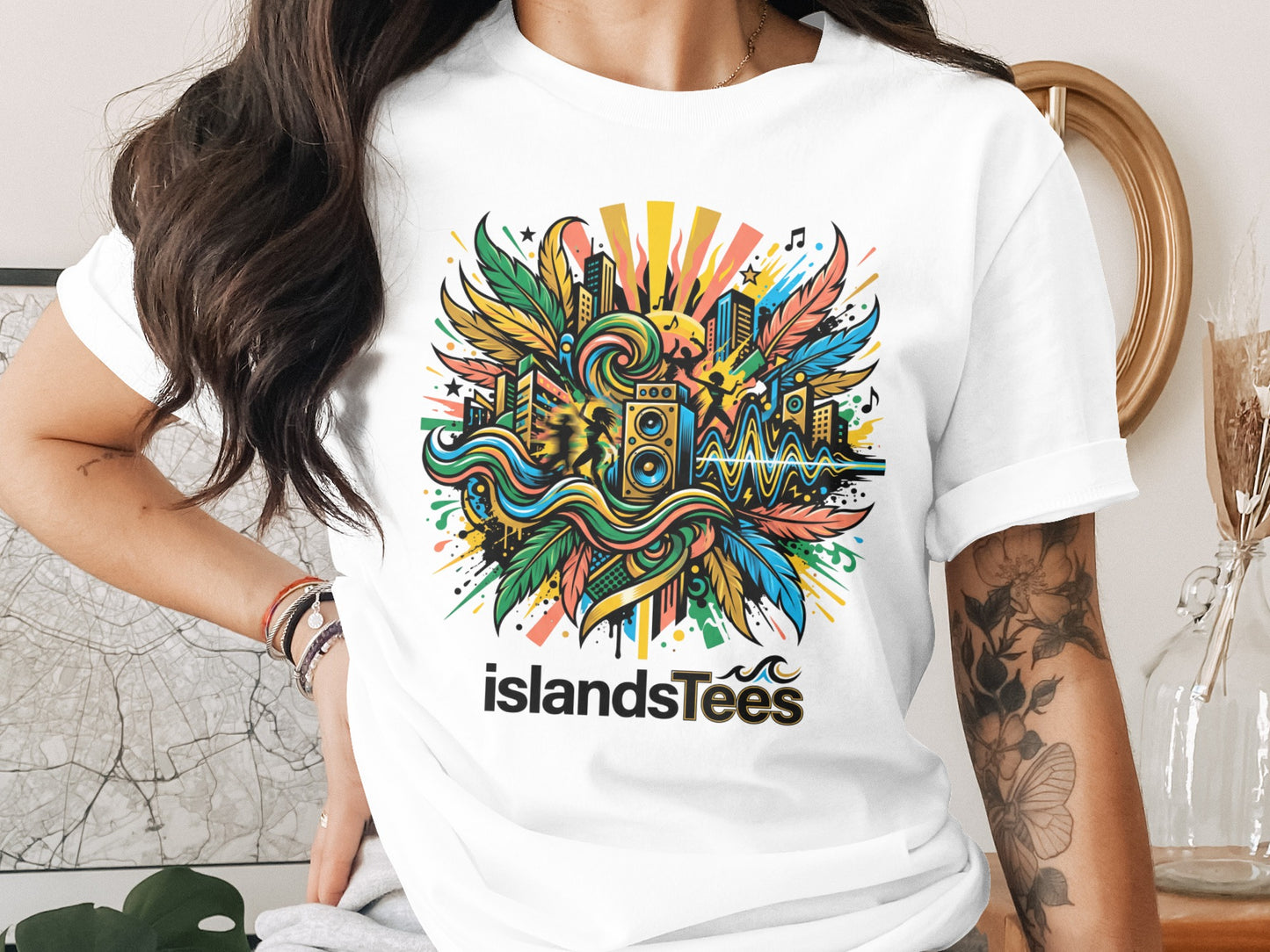 Colorful abstract t-shirt graphic with island and city elements.