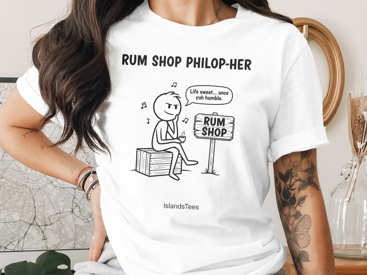 White t-shirt with black line drawing of stick figure at a rum shop.