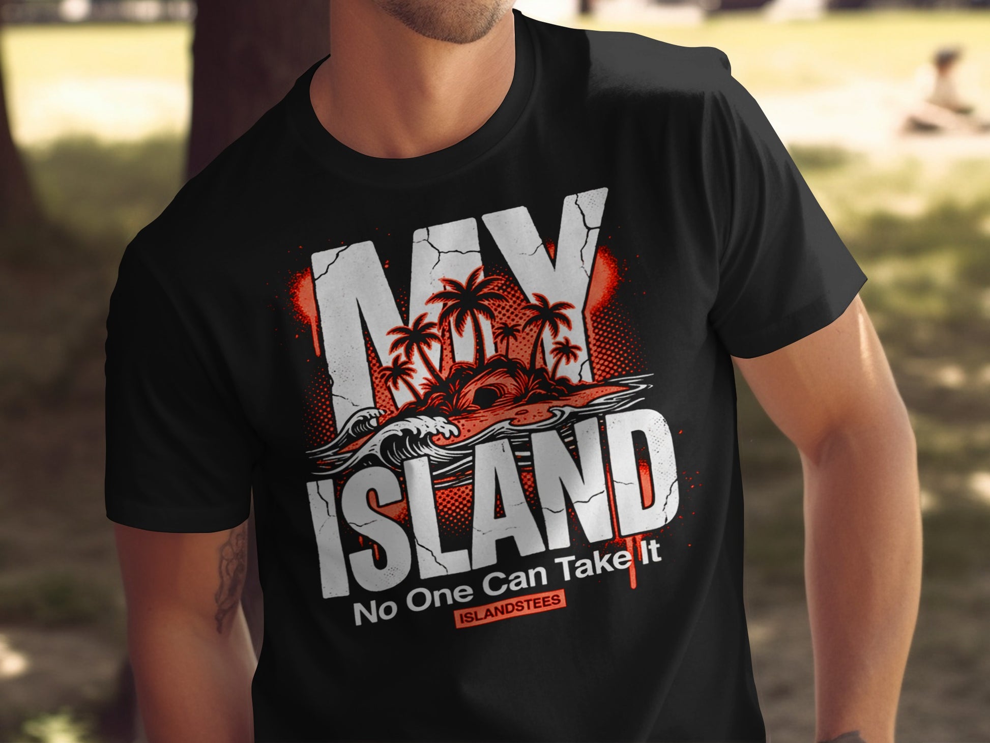 Black t-shirt with "MY ISLAND NO ONE CAN TAKE IT" text, palm trees, and waves.