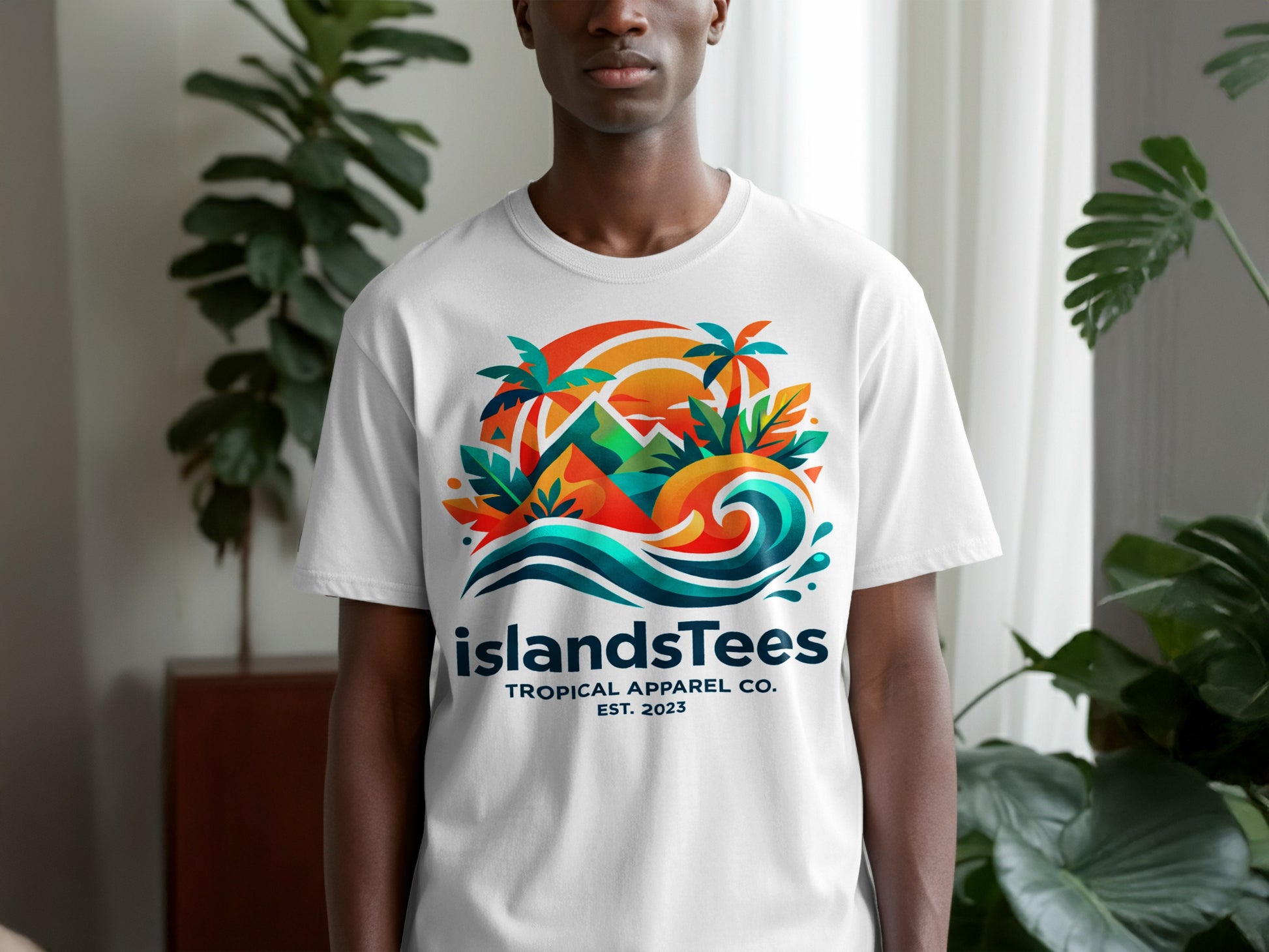 White t-shirt with IslandsTees tropical design featuring waves, palm trees, and mountains.