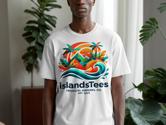 White t-shirt with IslandsTees tropical design featuring waves, palm trees, and mountains.