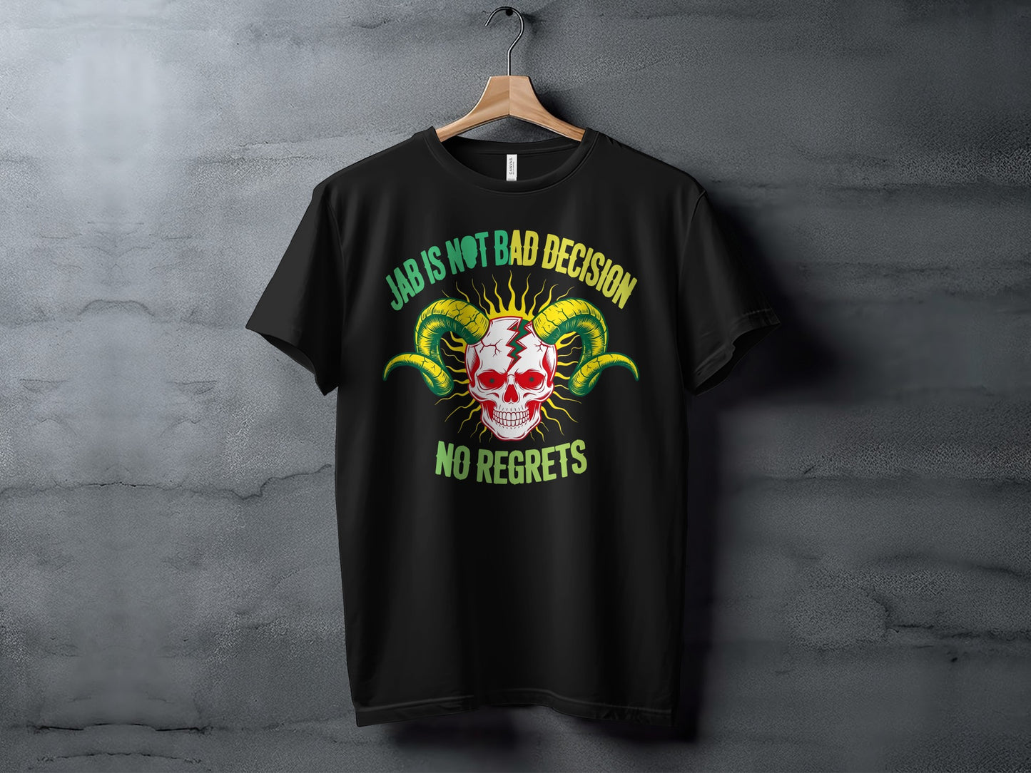 Black t-shirt with skull, horns, and "JAB IS NOT BAD DECISION NO REGRETS" text.