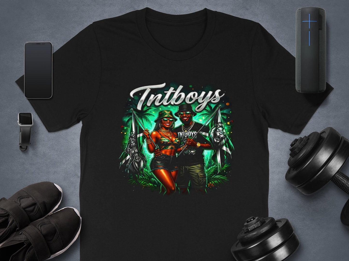 Couple wearing matching Tntboys shirts and sunglasses on a tropical beach.